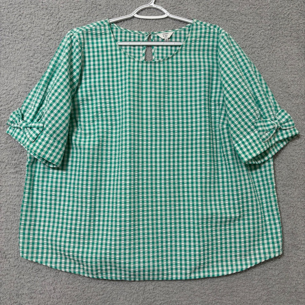 Casual Green Gingham Seersucker Blouse Bow Sleeve Top 3X Lightweight  Relaxed